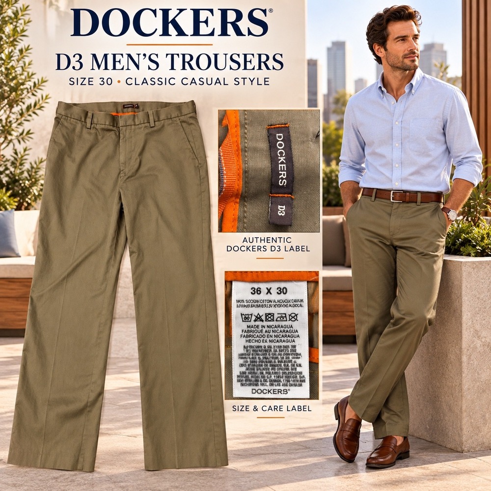 Dockers D3 Classic Fit Mens 36x30 Olive Drab Khaki Cotton Chino Pants Trousers